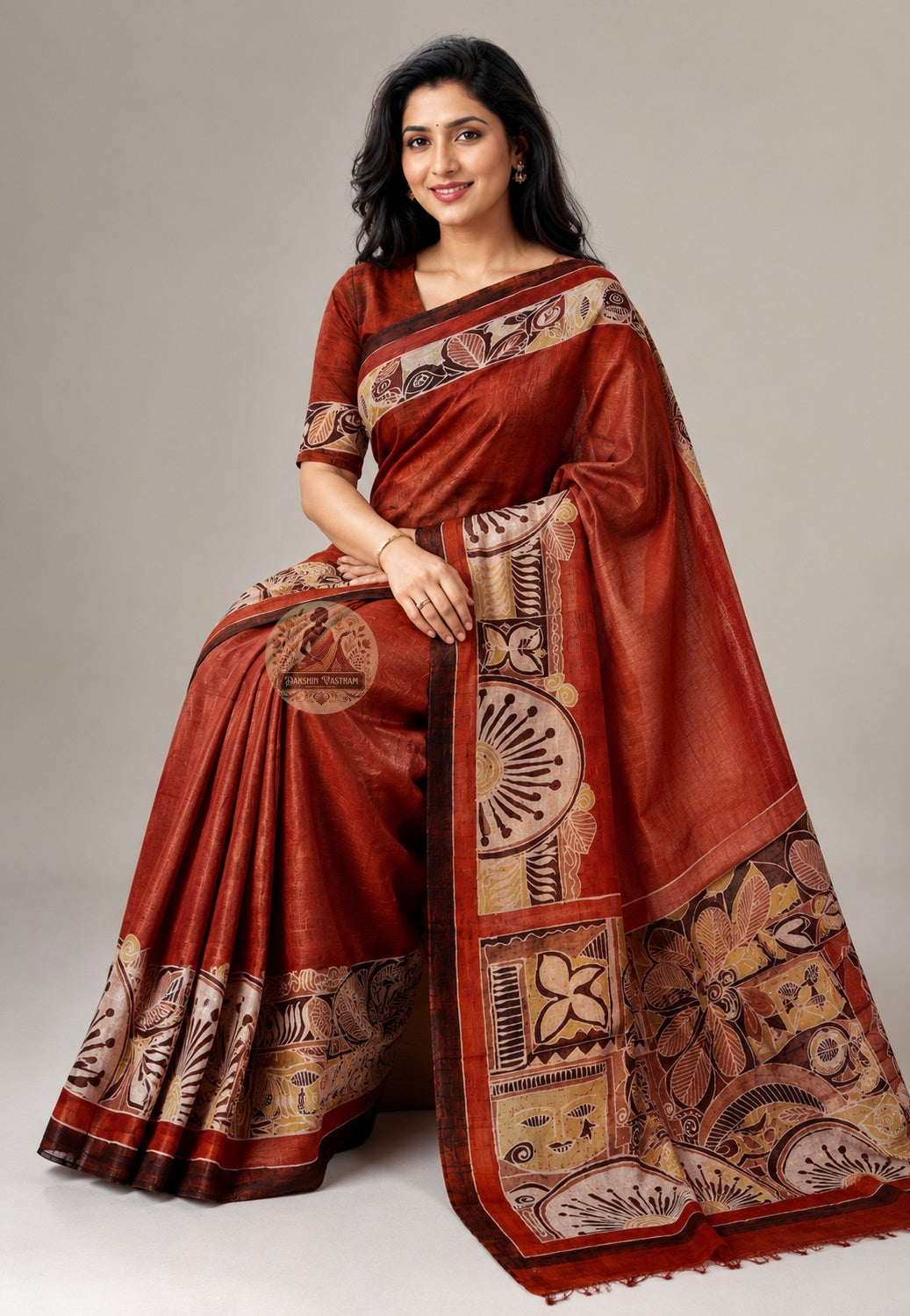 Side view of Bishnupur Pure Katan Silk Saree showing the composed authoritative fall of pure Katan silk, part of Durga Puja Collection 2026 by Dakshin Vastram for celebrations across UK, USA, EU and India