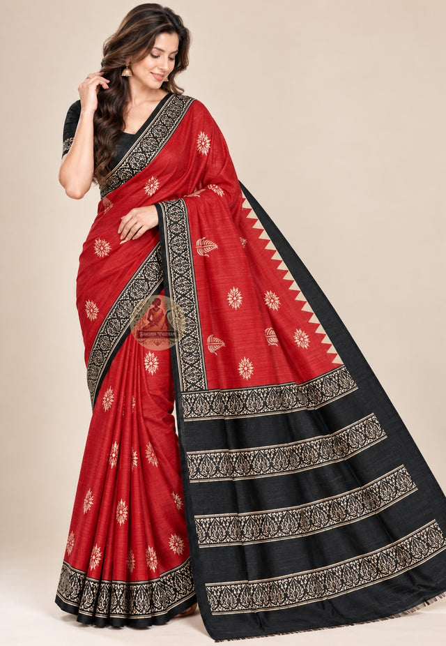 Front view of red Ghicha Tussar silk saree with pale floral motifs and black ornamental borders