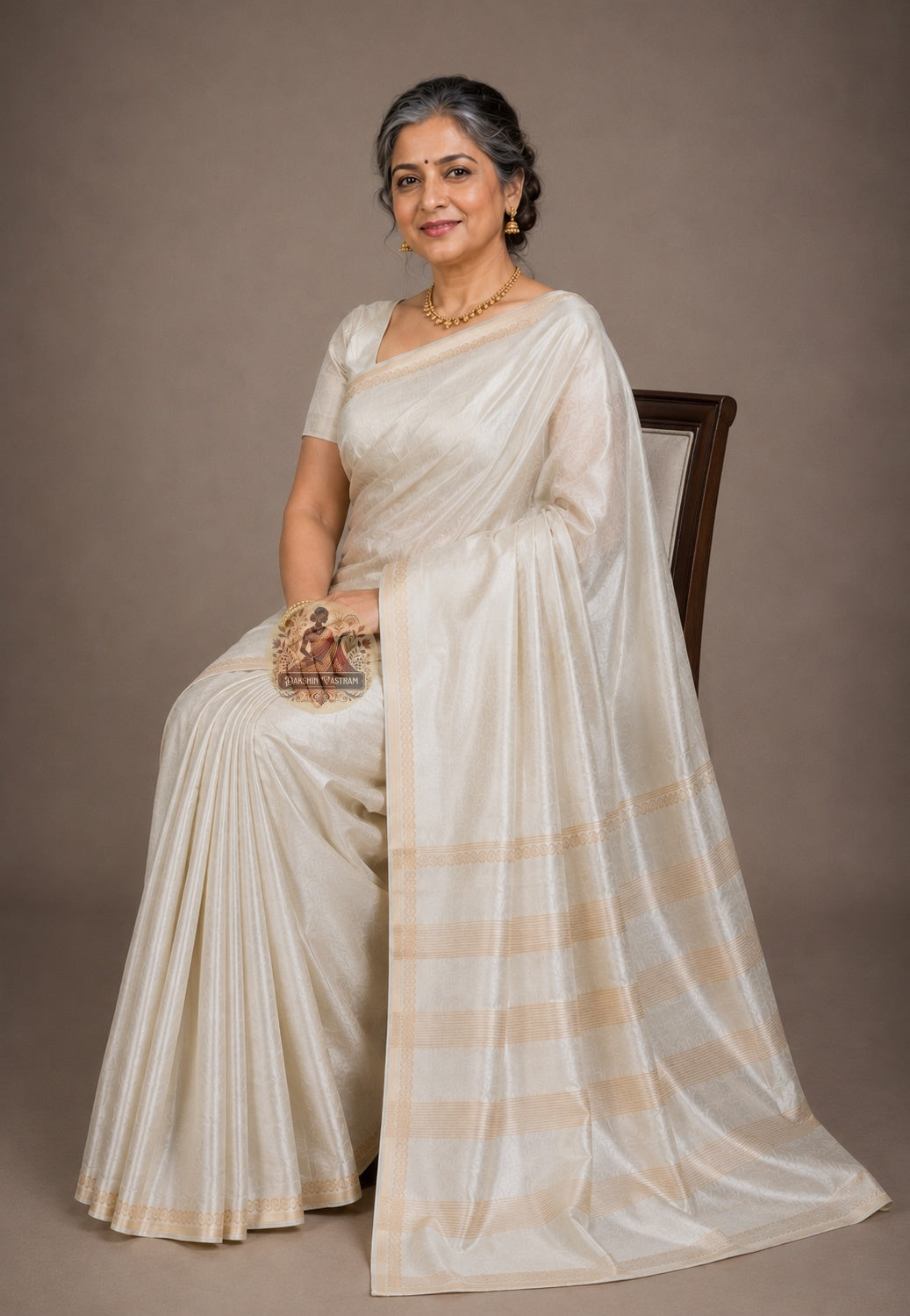 Side view of Bishnupur Pure Katan Silk Saree displaying the quiet authoritative fall of pure Katan silk, handwoven in Bengal to be kept and treasured across generations