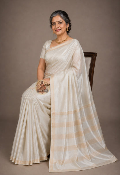Side view of Bishnupur Pure Katan Silk Saree displaying the quiet authoritative fall of pure Katan silk, handwoven in Bengal to be kept and treasured across generations