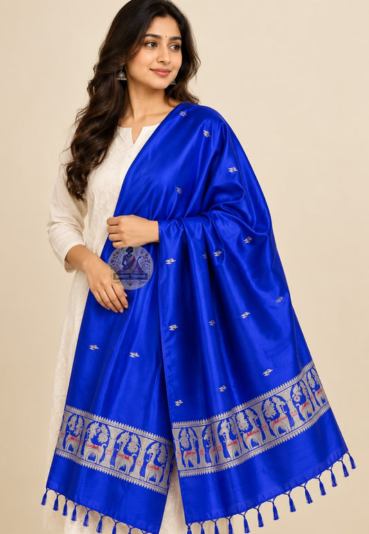 Front view of Bishnupur Baluchari silk diaspora stole showing Ramayana and Mahabharata narrative figures woven in fine pure silk thread for Durga Puja
