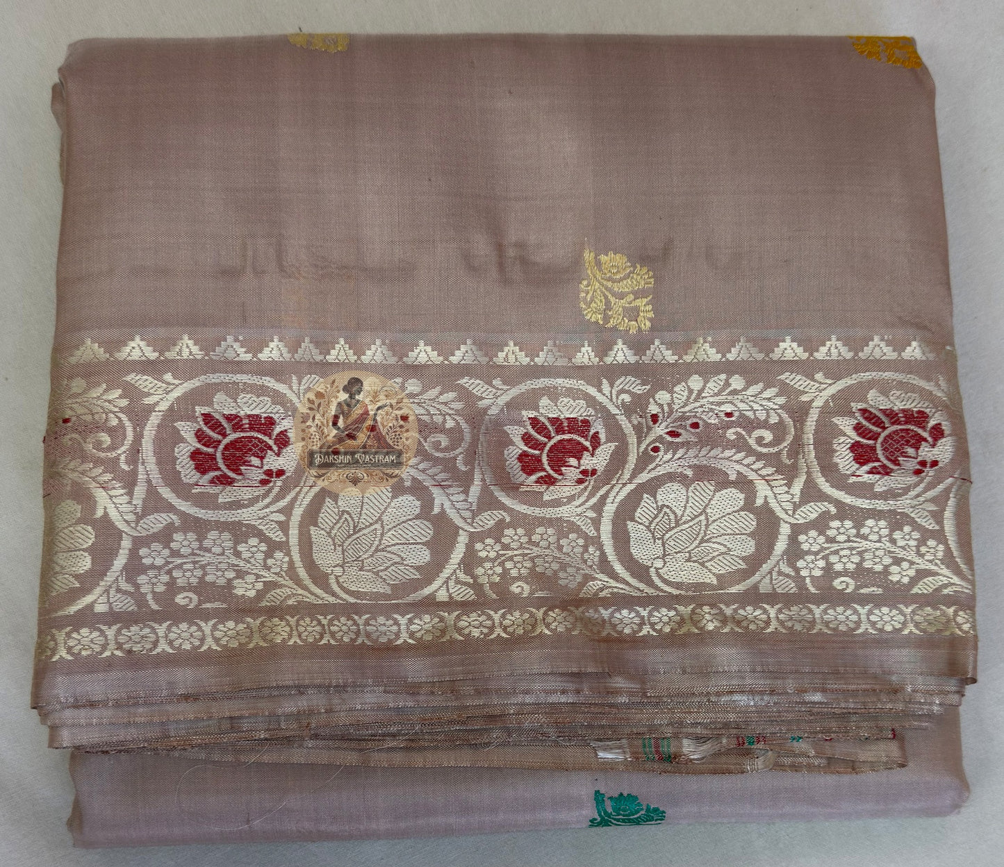 Detail view of traditional Baluchari buti motifs handwoven across the body of Baluchari Pure Silk Saree, revealing the fine weave precision and natural silk lustre of Bengal's three-hundred-year heirloom textile tradition