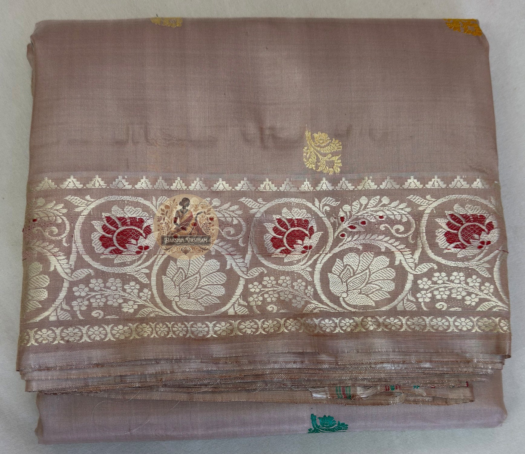 Detail view of traditional Baluchari buti motifs handwoven across the body of Baluchari Pure Silk Saree, revealing the fine weave precision and natural silk lustre of Bengal's three-hundred-year heirloom textile tradition