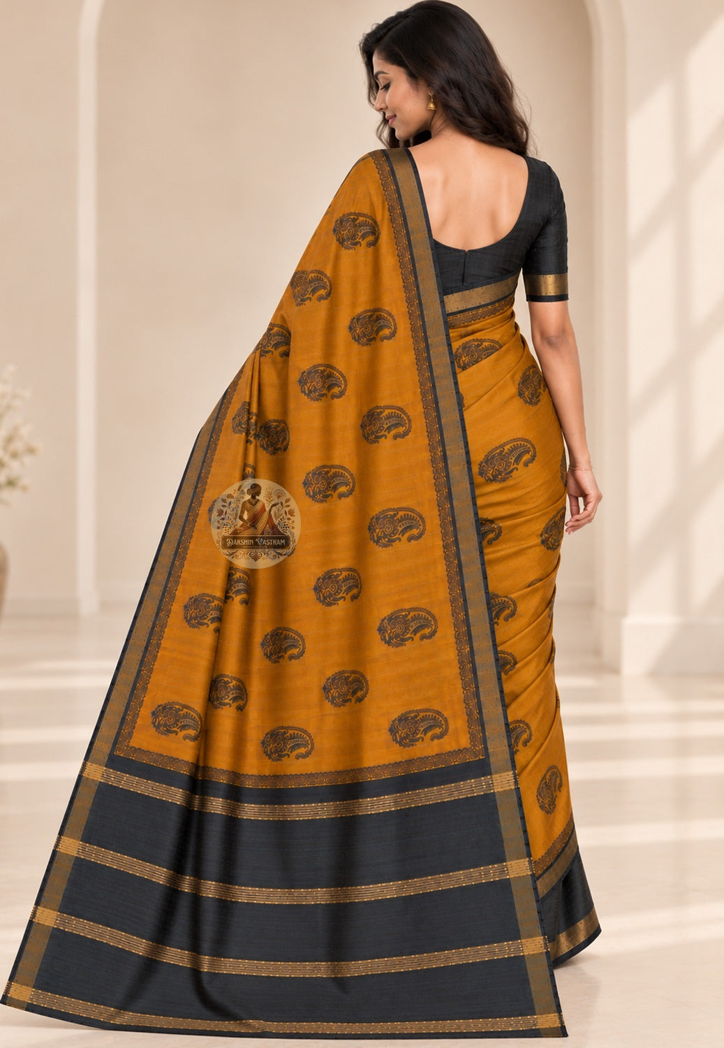 Side view of Ghicha Tussar pure silk handloom saree displaying natural fall and earthy matte lustre drape for Durga Puja weddings and cultural occasions