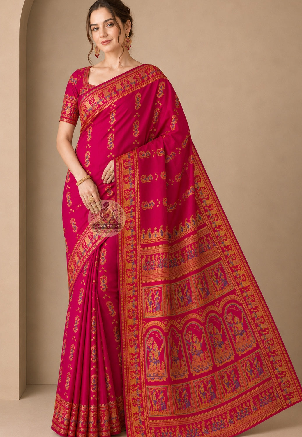 Front view of Baluchari Silk Saree with handwoven Radha-Krishna devotional scenes and flowering creeper motifs, West Bengal