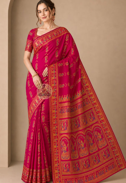 Front view of Baluchari Silk Saree with handwoven Radha-Krishna devotional scenes and flowering creeper motifs, West Bengal