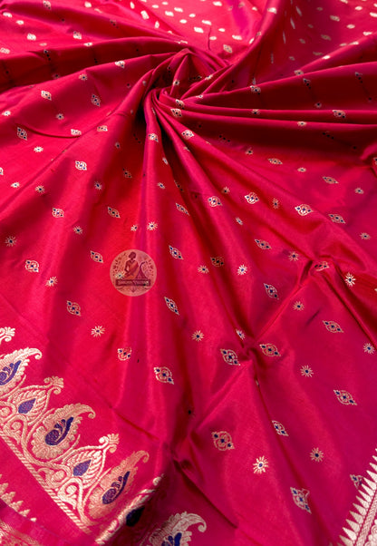 Close-up of pallu of Swarnachari pure silk saree showing golden zari mythology and Bishnupur temple art narrative that reveals full detail at closer inspection in West Bengal handloom