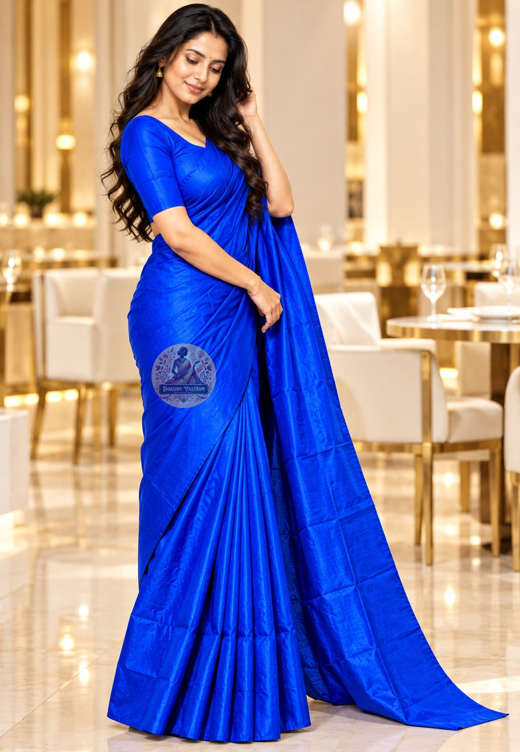 Side view of royal blue Bishnupur silk saree showing the flowing drape and plain pallu