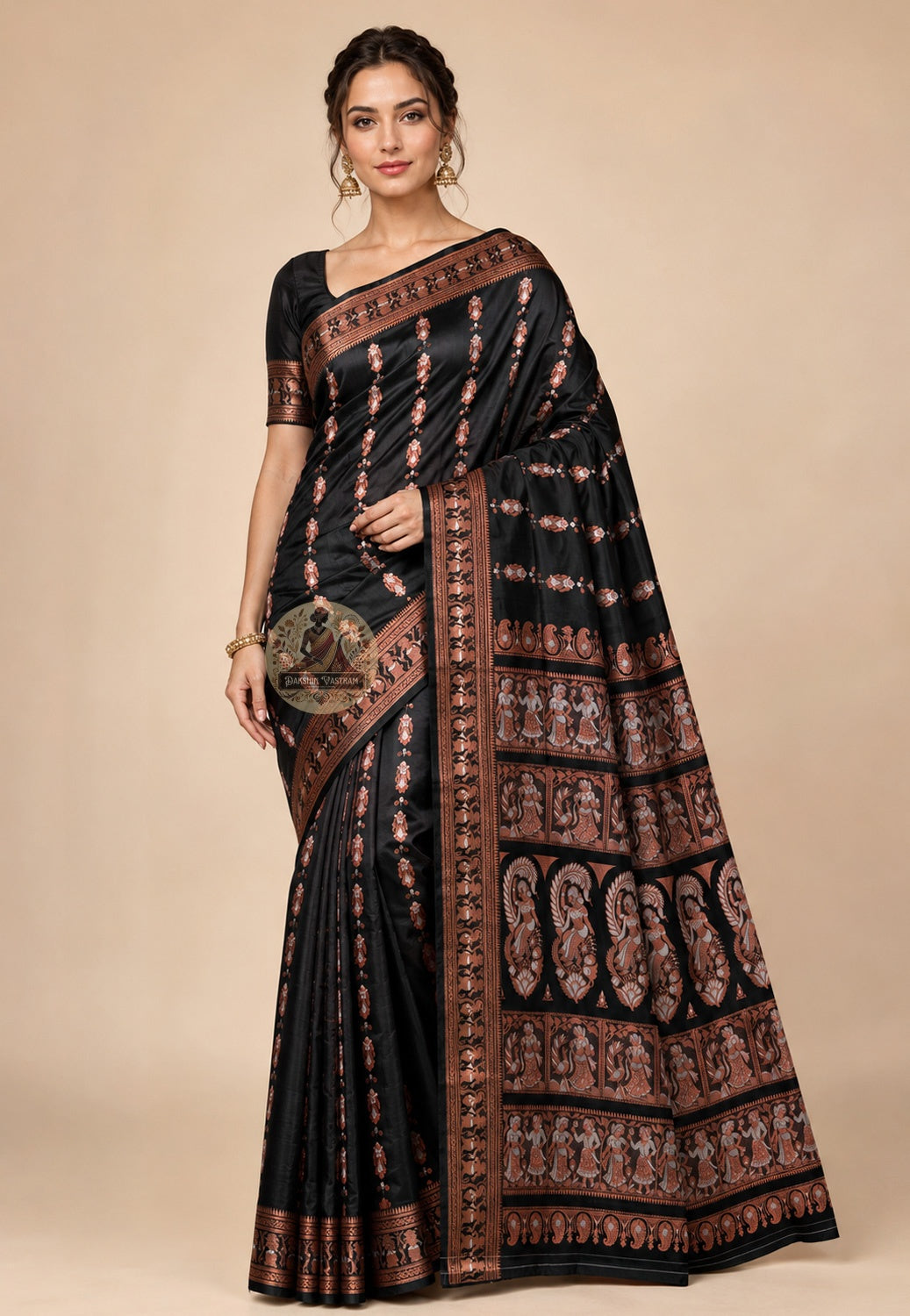 Front view of handwoven Swarnachari silk saree with golden zari border and mythological motifs, West Bengal handloom
