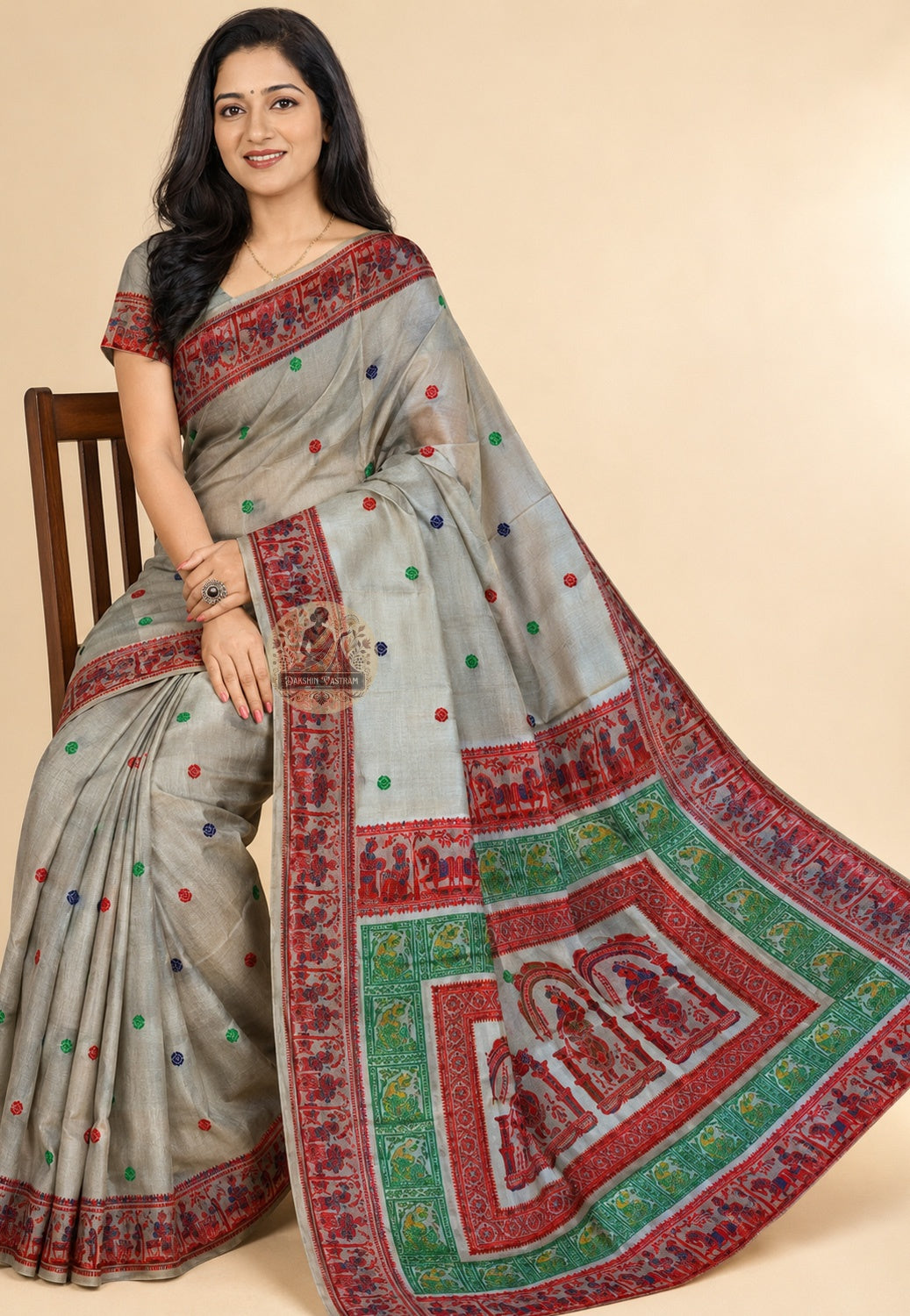 Side view of handwoven Baluchari Silk Saree displaying the fluid fall and natural lustre of premium pure Bengal silk, crafted for weddings and festive celebrations in UK, USA, EU and India