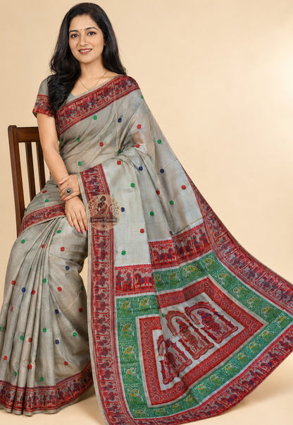 Side view of handwoven Baluchari Silk Saree displaying the fluid fall and natural lustre of premium pure Bengal silk, crafted for weddings and festive celebrations in UK, USA, EU and India