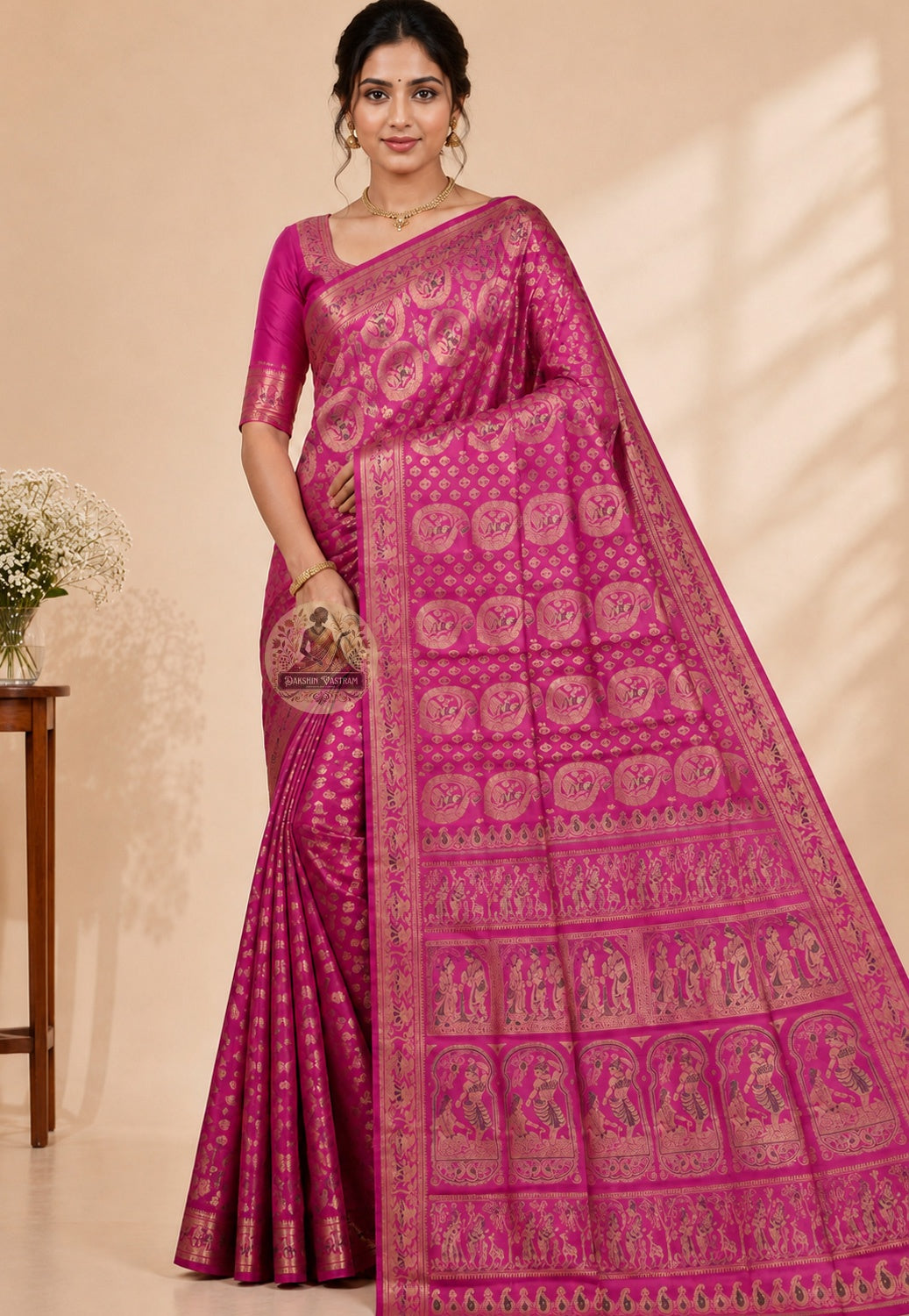 Front view of premium Swarnachari handloom silk saree with golden zari border holding Bengal's mythological and temple-art story in suspension, waiting for its wearer, West Bengal pit-loom