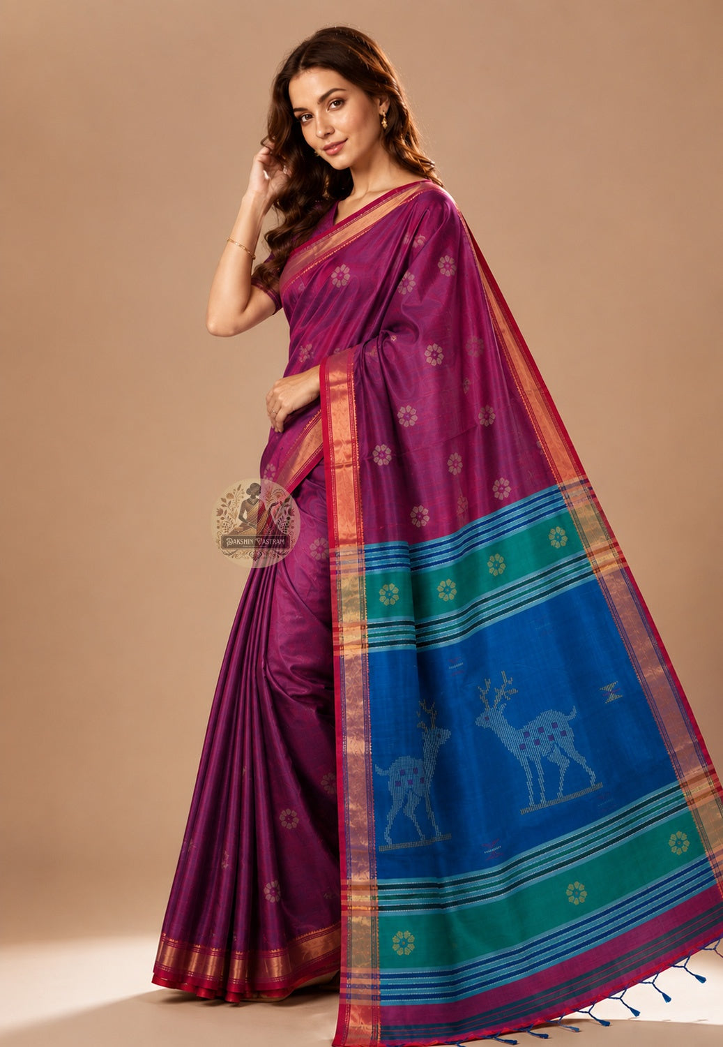 Front view of Bishnupur Katan Silk Saree with handwoven jaali lattice and gulmohar buti motifs West Bengal