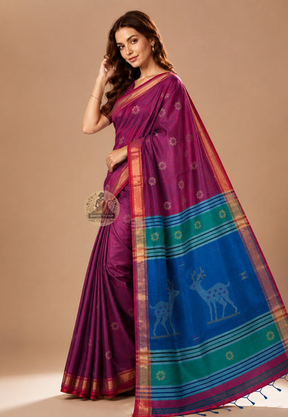Front view of Bishnupur Katan Silk Saree with handwoven jaali lattice and gulmohar buti motifs West Bengal