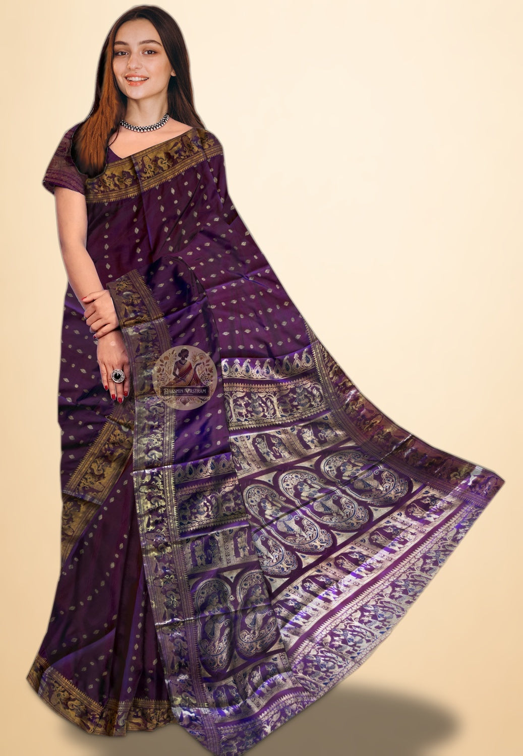 Pure silk Swarnachari saree with Bengal gold zari motifs — Dakshin Vastram, delivered across UK