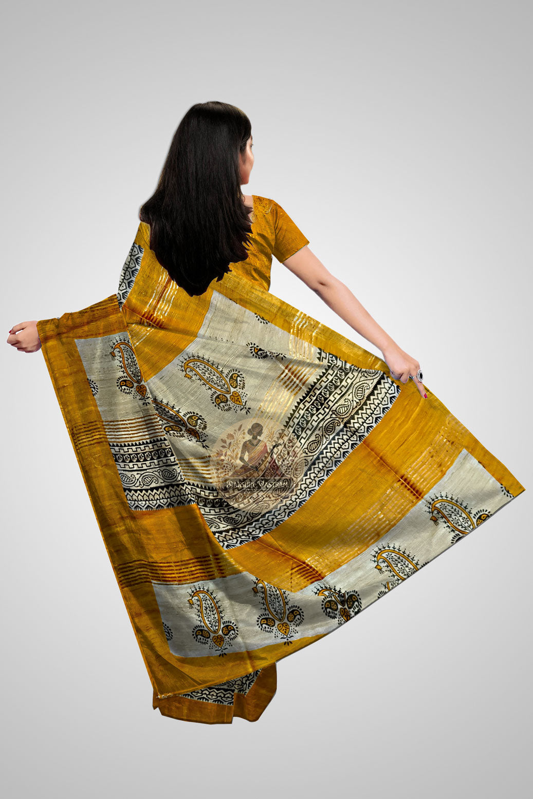 Explore Indian Tussar Sarees – Rear display showing woven motifs