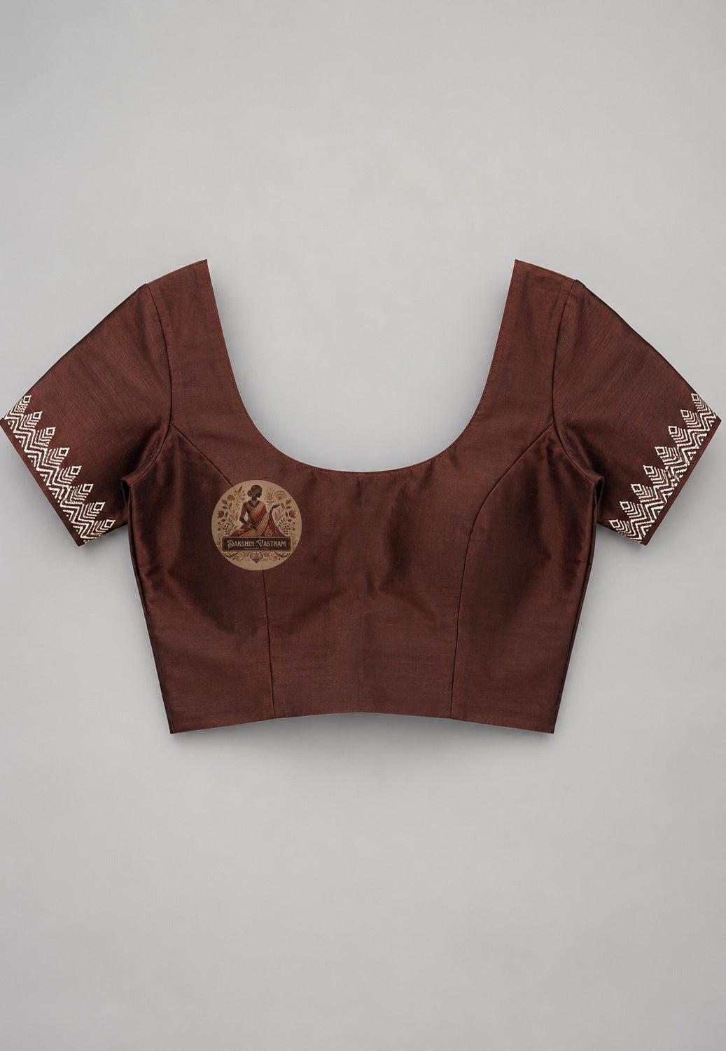 Front view of unstitched Katan silk blouse piece from Bishnupur Saree set, with matching woven border and lustrous pure silk finish
