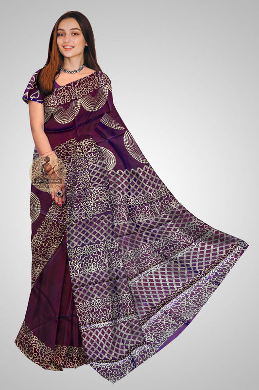 Buy Bishnupur Pure Silk Block Print Saree online – Front view of Mulberry silk saree