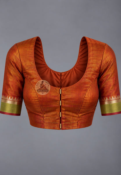 Matching blouse piece included with Bishnupur Katan pure silk festival saree, pre-woven in the same Katan silk fabric by Bishnupur artisan weavers Bankura West Bengal