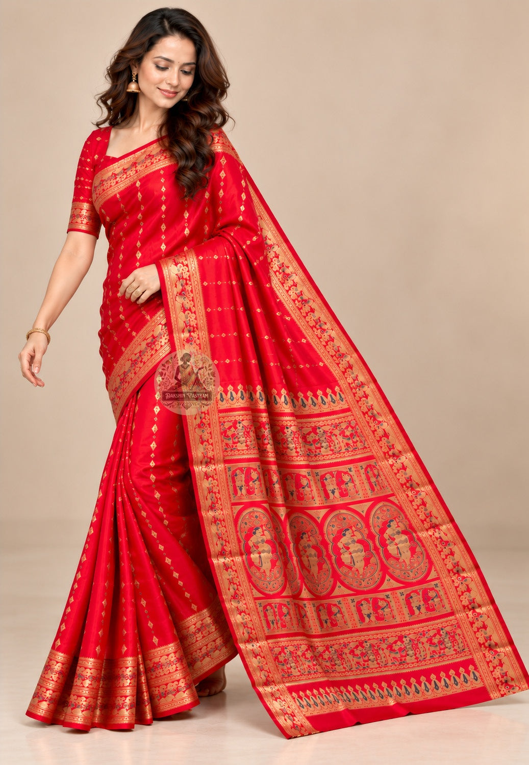 Front view of Swarnachari silk saree showing pure silk body with golden zari Malla court and Bishnupur terracotta temple motifs woven thread by thread in Bengali handloom tradition