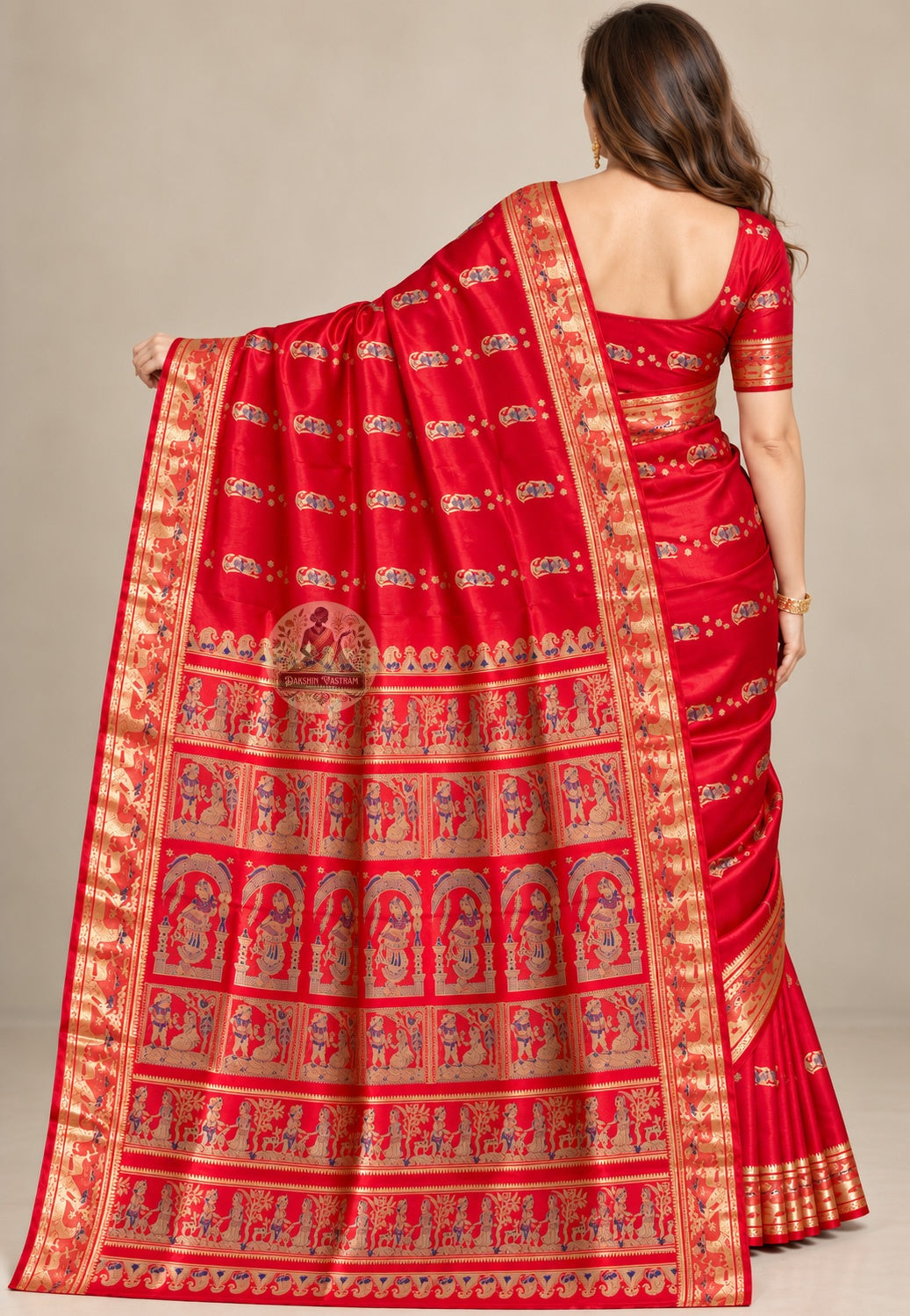 Front view of Swarnachari silk saree showing pure silk body with golden zari Malla court and Bishnupur terracotta temple motifs communicating cultural knowledge and heritage at every occasion