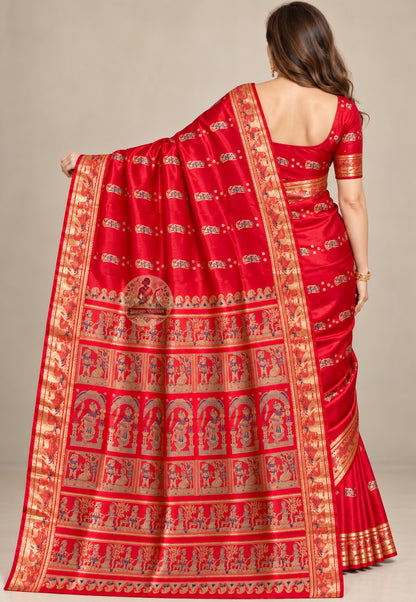 Front view of Swarnachari silk saree showing pure silk body with golden zari Malla court and Bishnupur terracotta temple motifs communicating cultural knowledge and heritage at every occasion
