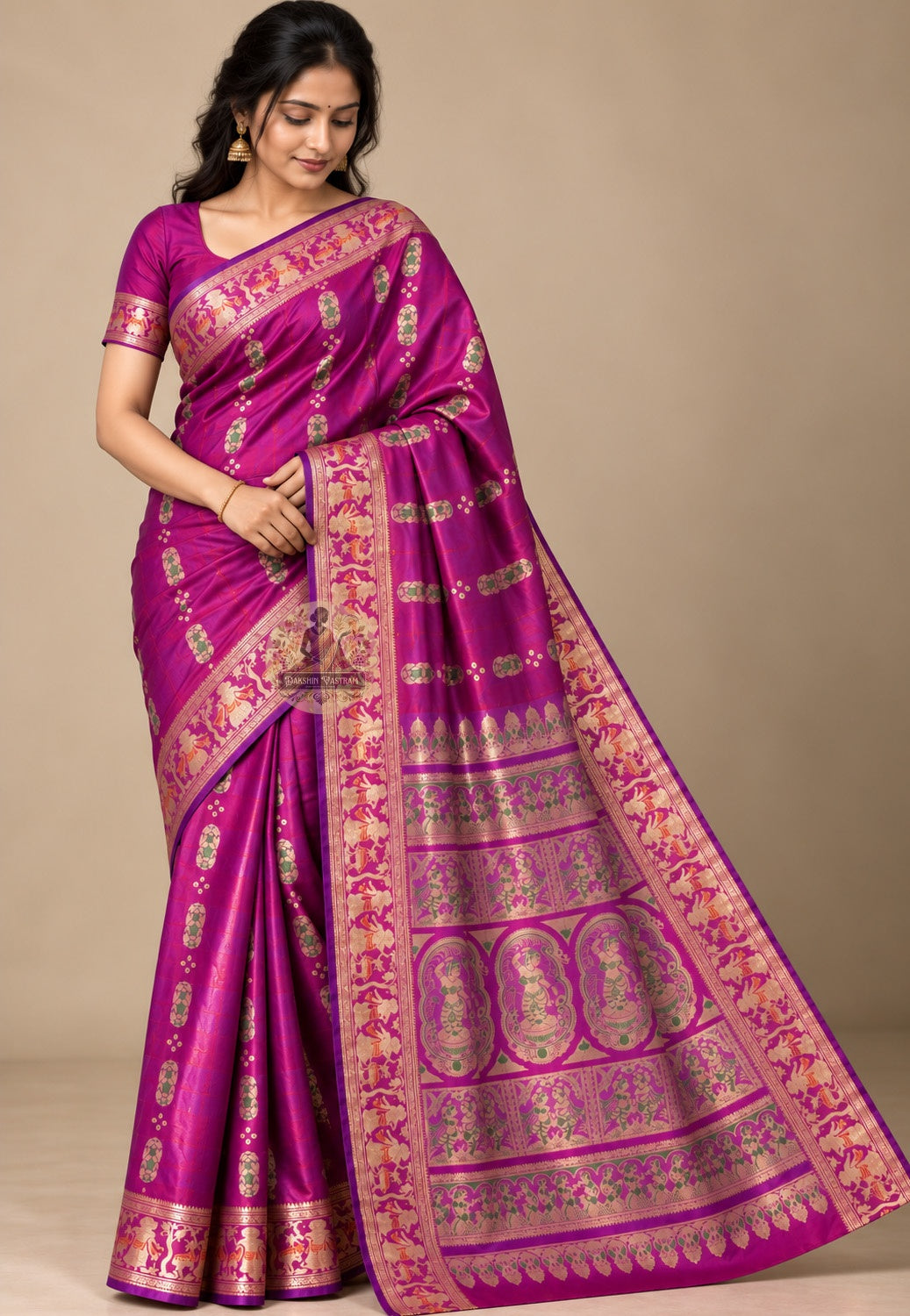 Front view of purple Swarnachari pure silk saree with golden zari mythology and Bishnupur temple art motifs handloom woven in West Bengal luminous in Durga Puja pandal amber light