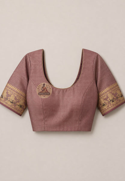 Matching unstitched blouse piece of Baluchari silk saree in pure handloom silk with narrative border trim, included with saree for tailoring — same silk as the storytelling pallu