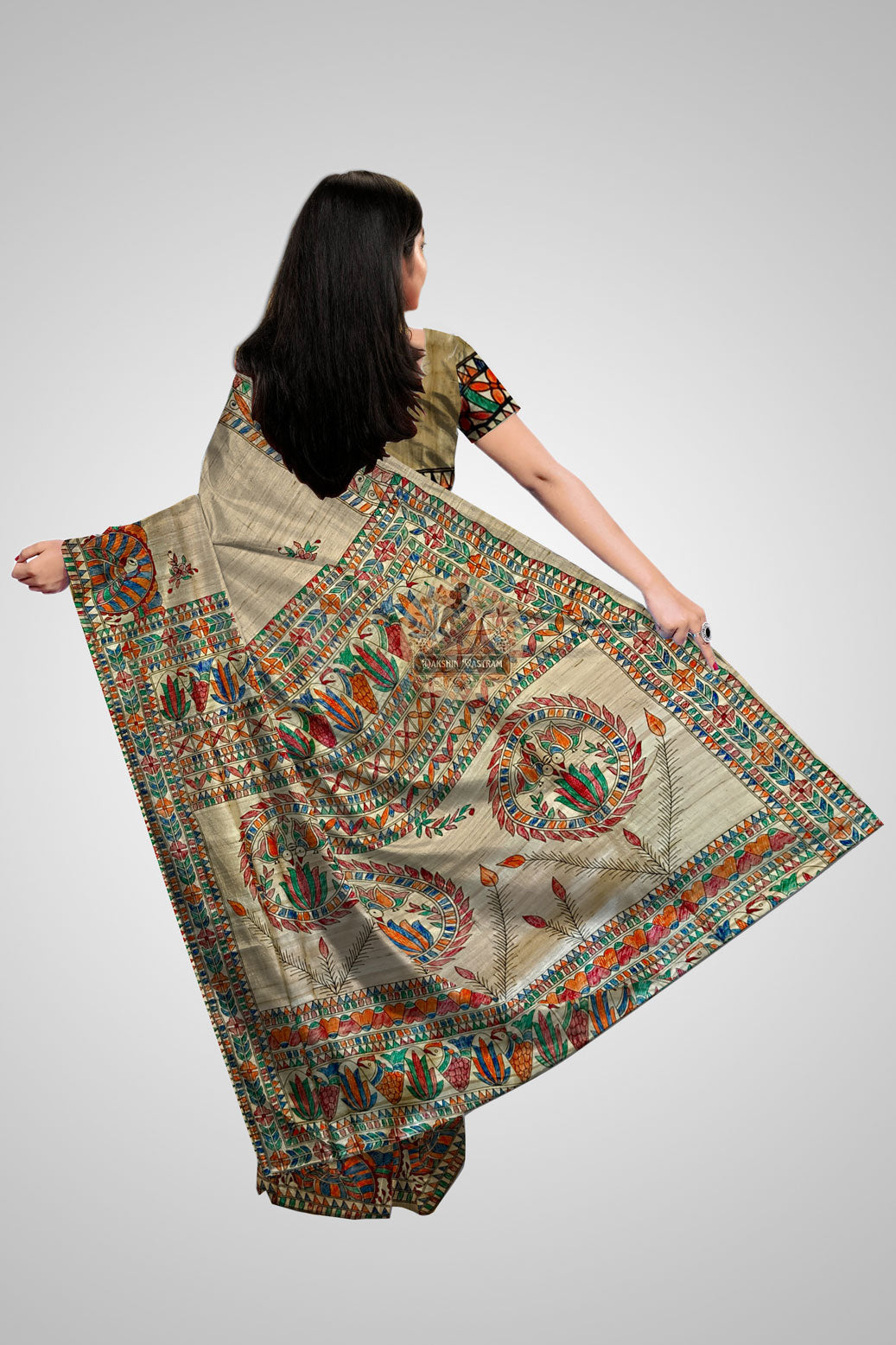 Buy Handwoven Ghicha Silk – Rear view highlighting intricate pallu