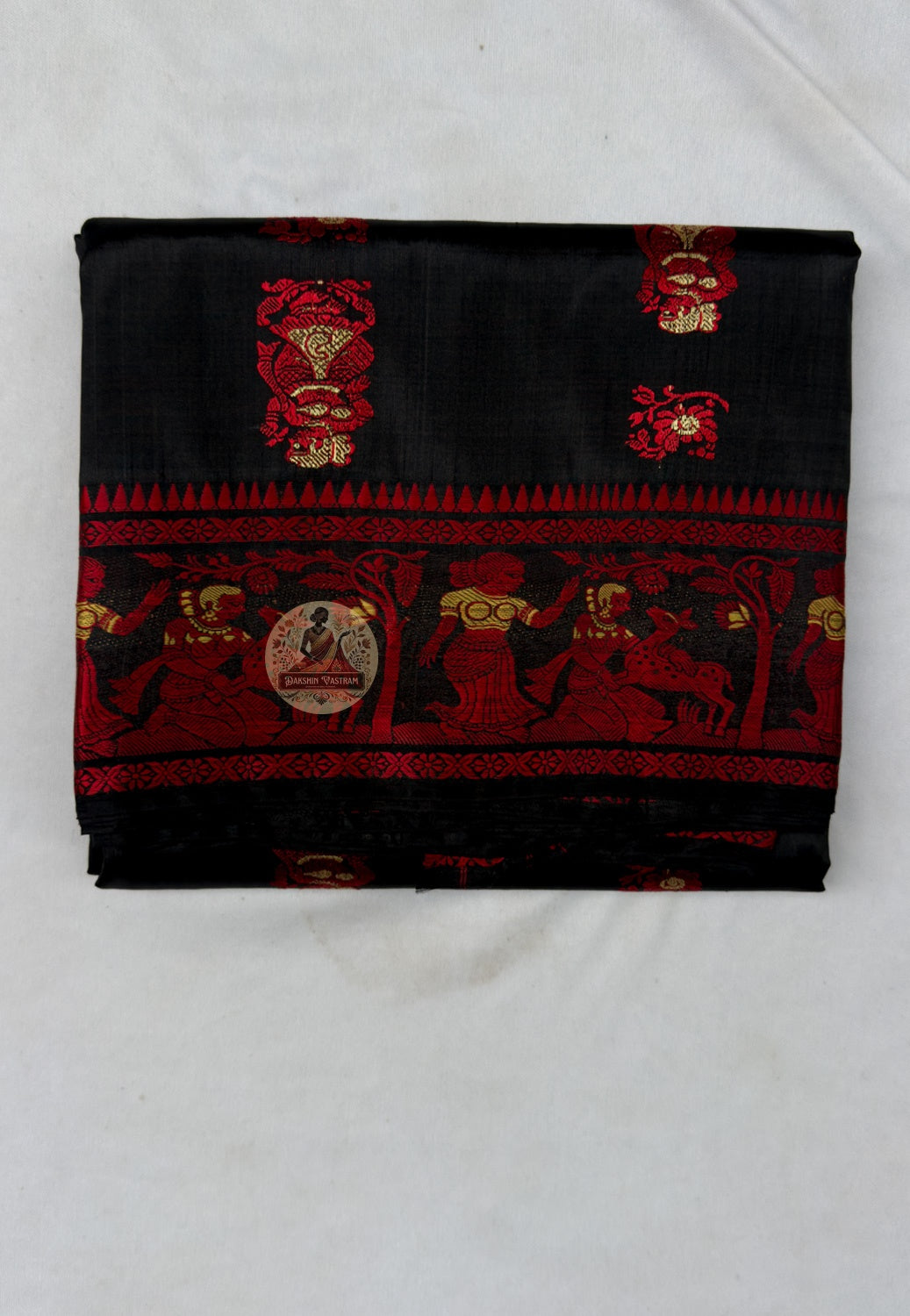 Full flat-lay of Baluchari Pure Silk Saree with matching blouse piece Sita swayamvar narrative Bishnupur Bengal handloom