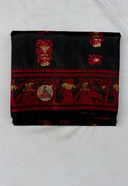 Full flat-lay of Baluchari Pure Silk Saree with matching blouse piece Sita swayamvar narrative Bishnupur Bengal handloom