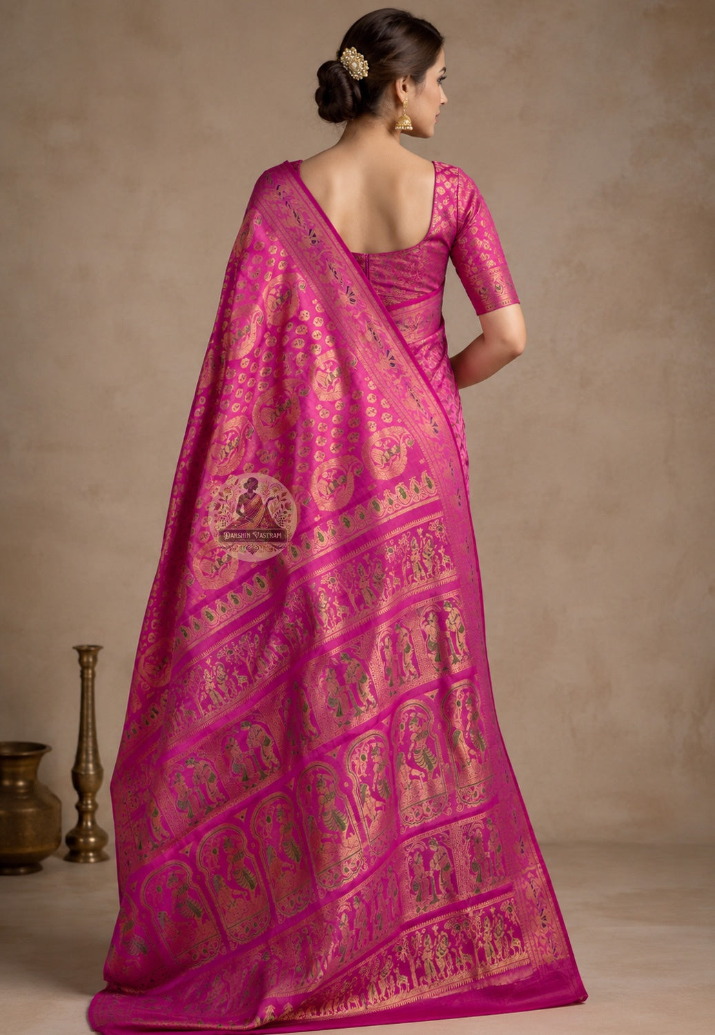 Front view of woman in premium Swarnachari pure silk saree, traditional Bengali drape with golden zari pallu telling the story it was waiting to tell, Bengal's craft completed by the occasion