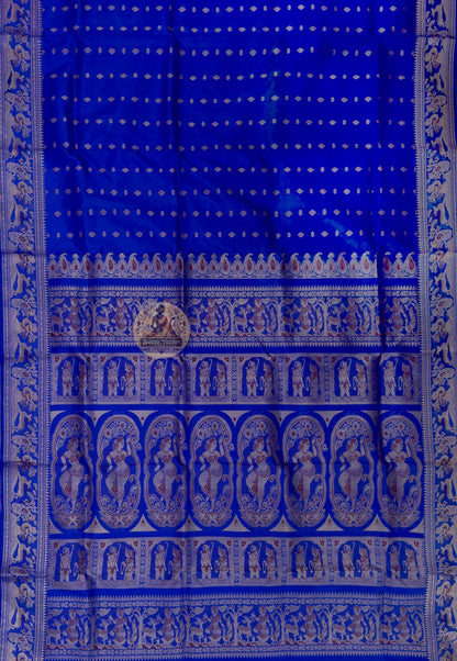 Close-up of hand-woven golden zari motifs on Swarnachari silk saree pallu, temple art and mythology inspired