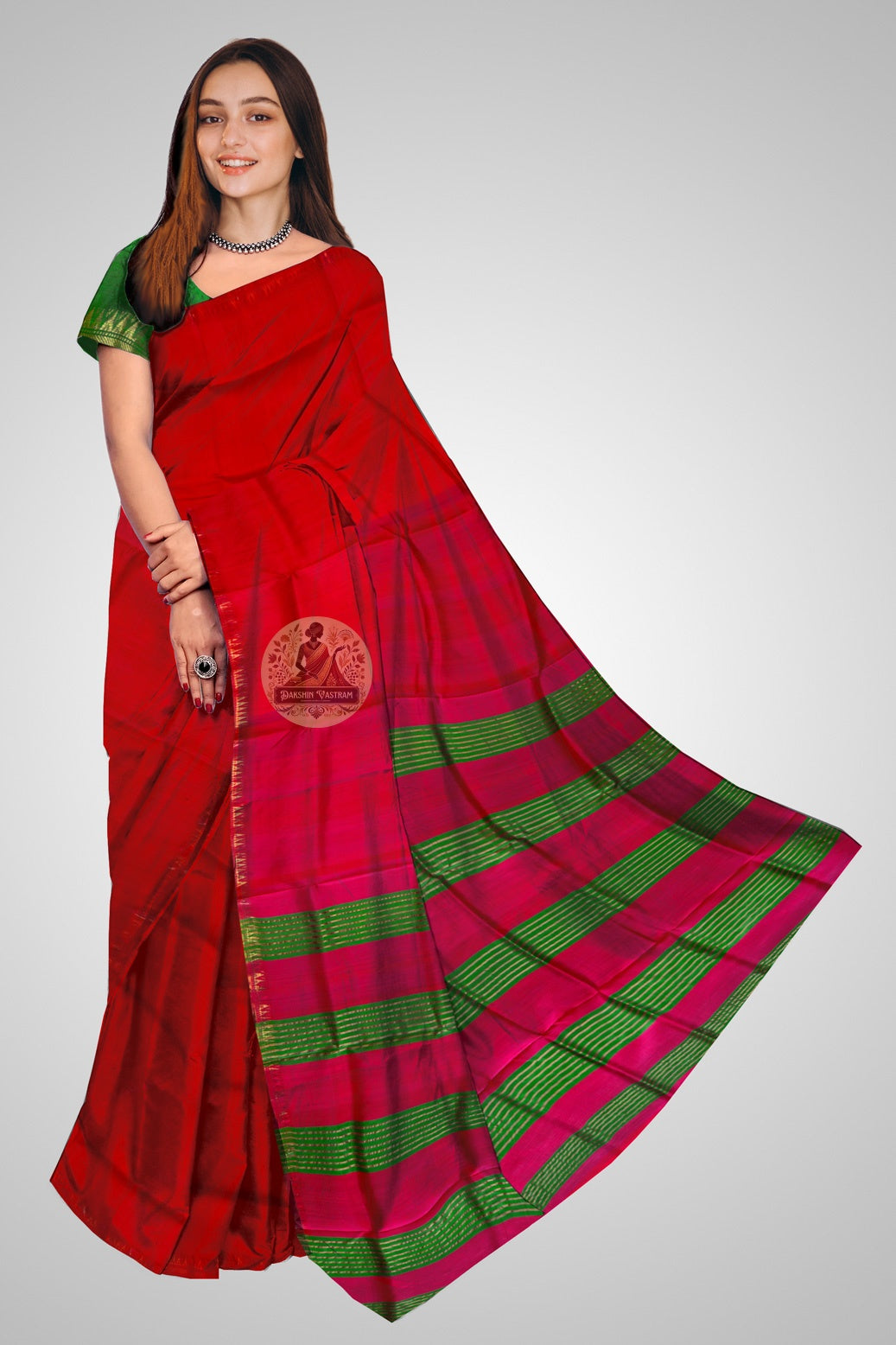 Bishnupur handwoven pure silk saree in rich jewel tone – five centuries of craft, full drape front view on Indian model