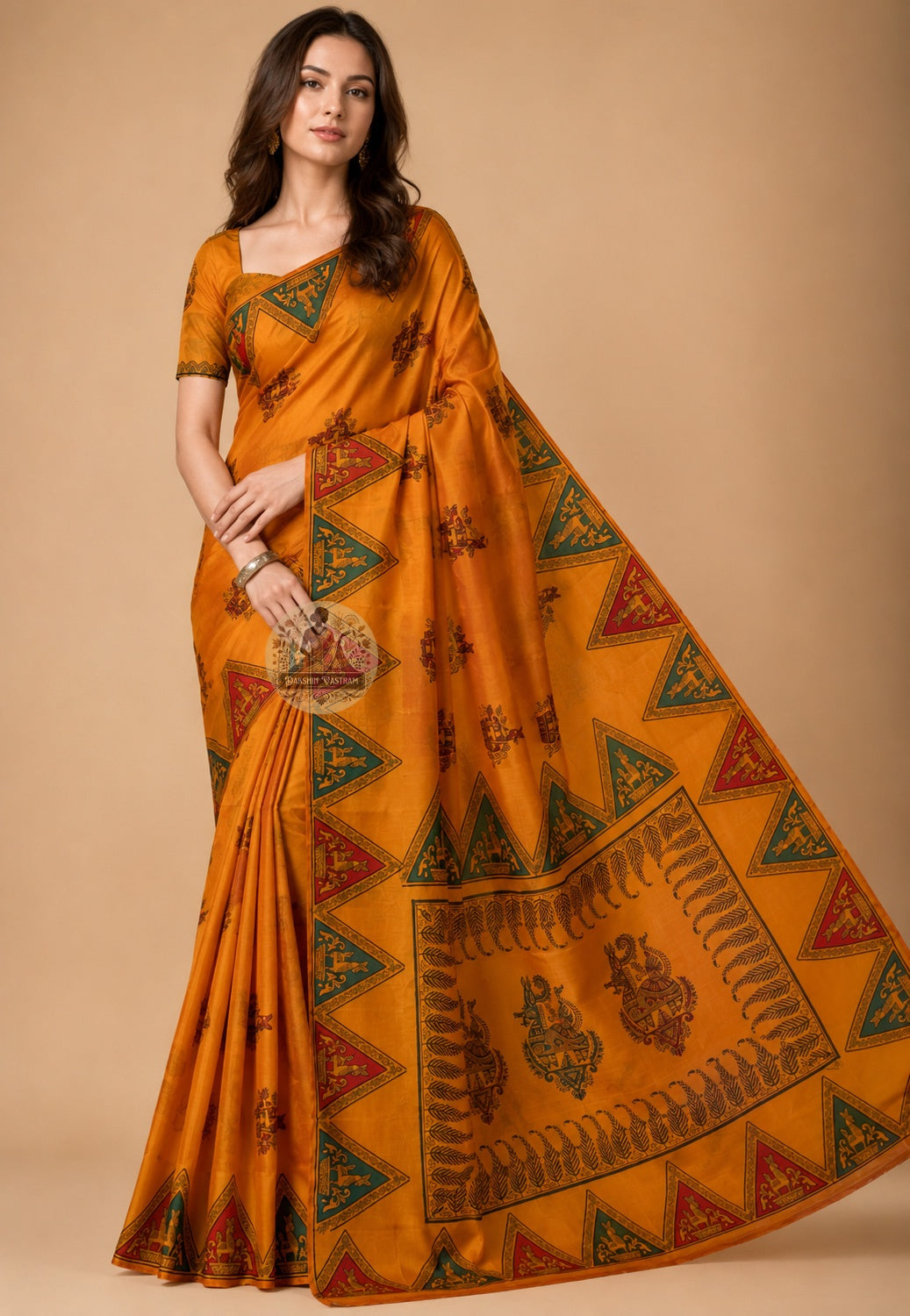 Front view of Bishnupur Katan Silk Saree with handwoven ogee arch and rose medallion buti motifs, West Bengal