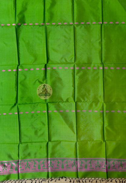 Rear view of Bishnupur Baluchari silk wedding stole showcasing richly worked terminal panel with dense mythological narrative motifs in pure silk thread