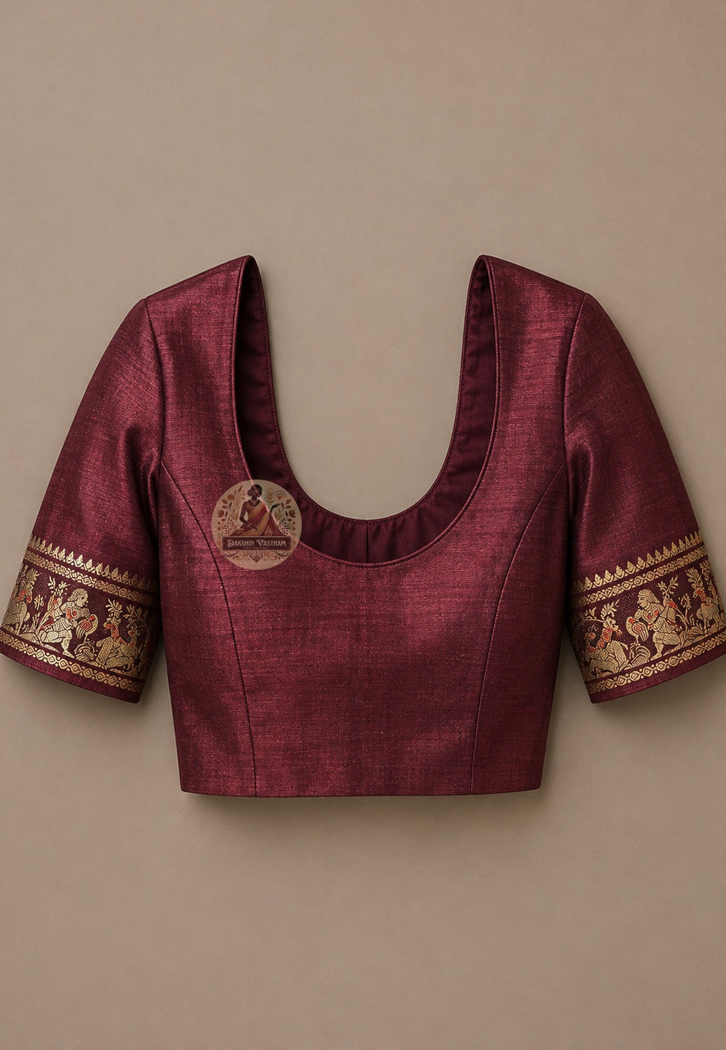 Matching blouse piece included with deep wine Swarnachari Silk Saree golden zari Ramayana Shakuntala narrative Bishnupur Bengal handloom