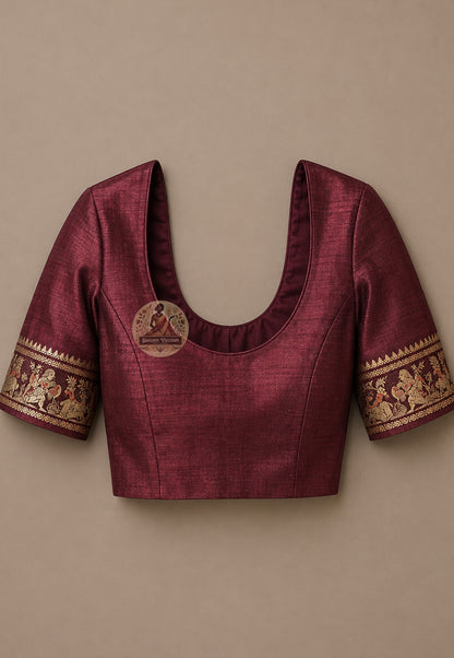 Matching blouse piece included with deep wine Swarnachari Silk Saree golden zari Ramayana Shakuntala narrative Bishnupur Bengal handloom