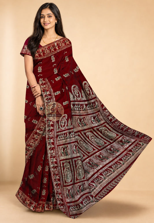 Front view of handwoven Baluchari Silk Saree from Bishnupur Bengal, showcasing mythological motifs on the pallu and elegant pure silk drape