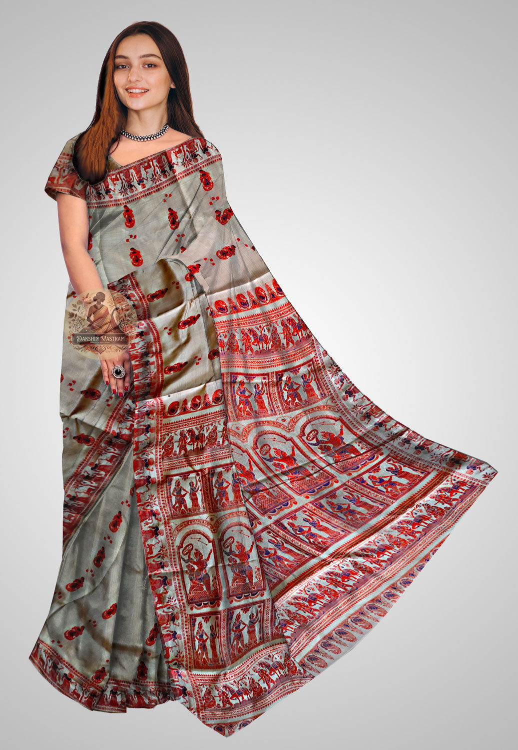 Front side view of Handloom Baluchari Saree with intricate designs and luxurious silk fabric