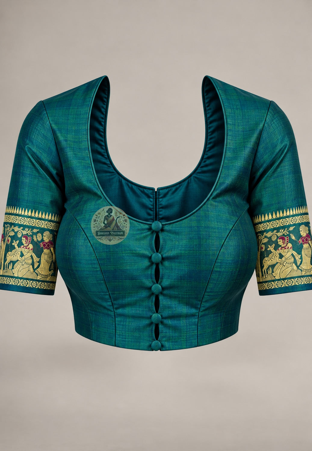 Blouse paired with peacock-green Baluchari silk saree, complementing its richly patterned borders