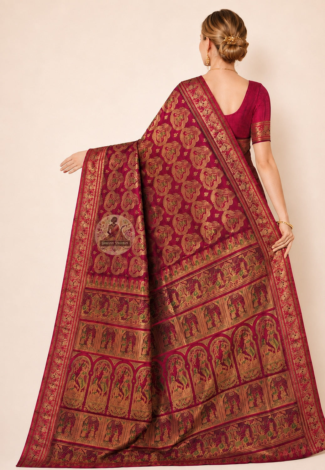 Front view of woman in Swarnachari pure silk saree, traditional Bengali drape with golden zari pallu tracing Bengal's visual culture across the silk over left shoulder, a map worn into the occasion