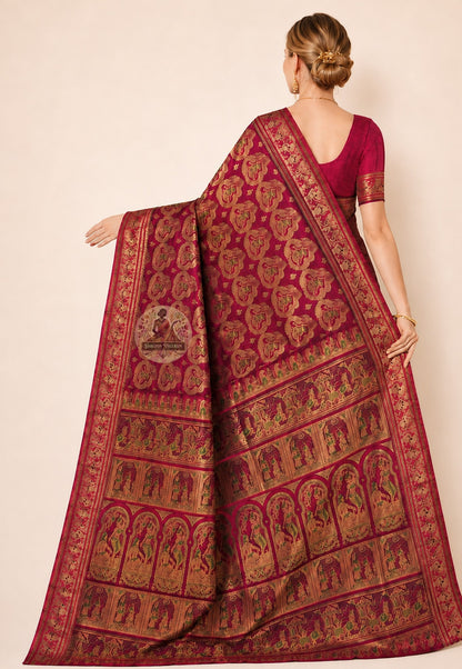 Front view of woman in Swarnachari pure silk saree, traditional Bengali drape with golden zari pallu tracing Bengal's visual culture across the silk over left shoulder, a map worn into the occasion