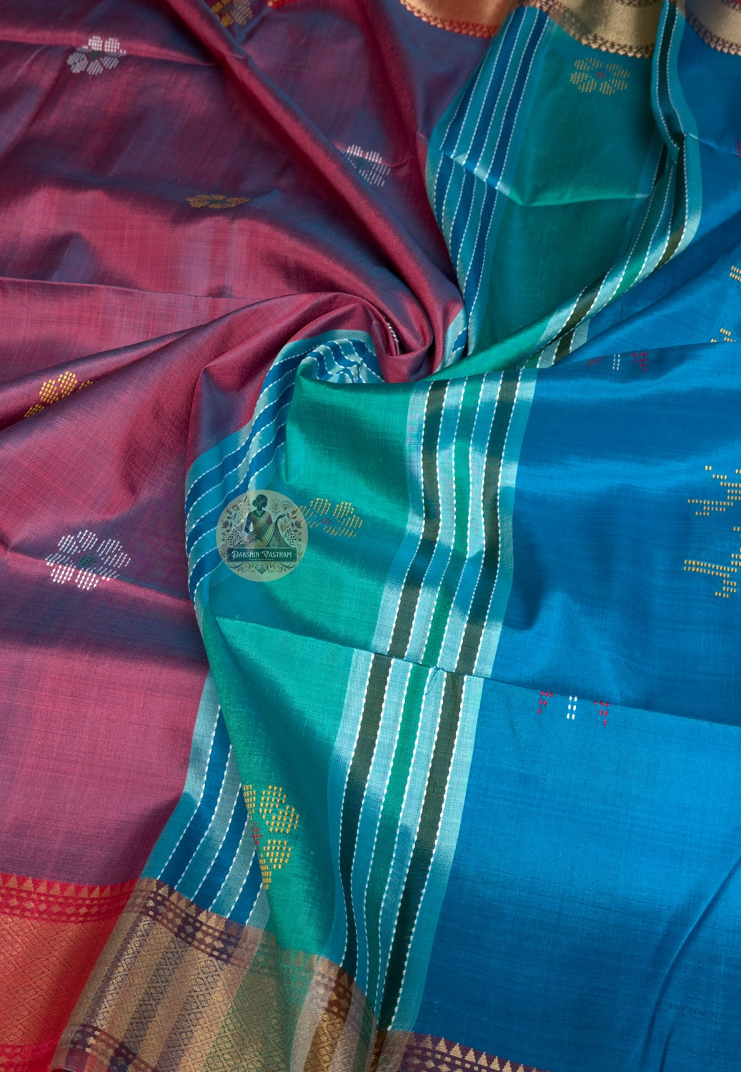 Close-up of gulmohar butis woven into pallu of Bishnupur Katan Silk Saree Bengal artisan handloom