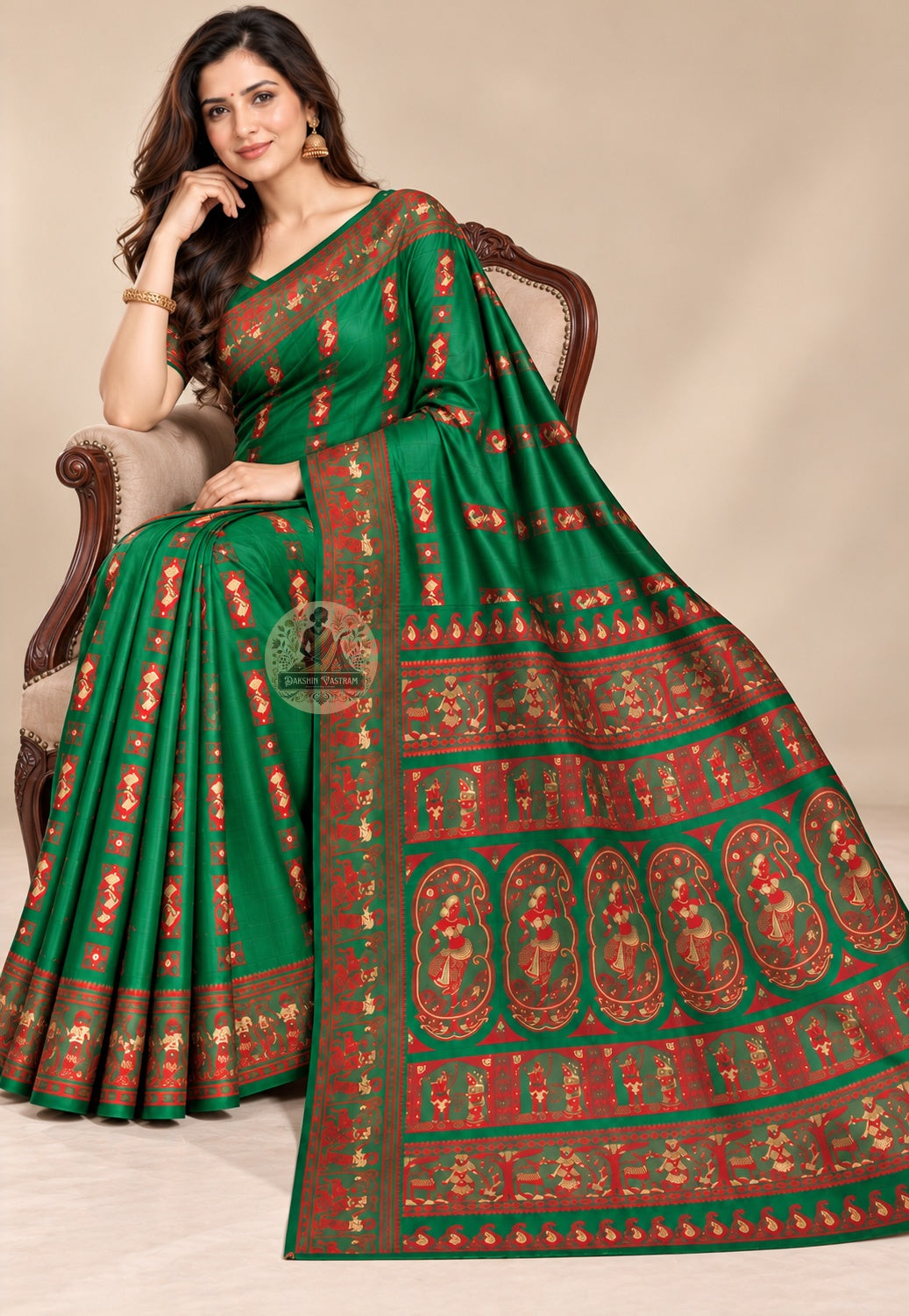 Front view of Bishnupur Baluchari silk saree showing green pure mulberry silk body with epic narrative buti motifs and woven silk thread figures for Diwali and wedding occasions