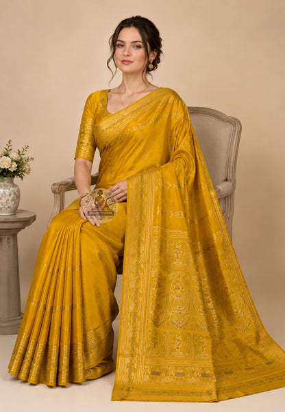 Front view of Swarnachari silk saree with golden zari motifs draped in classic Nivi style