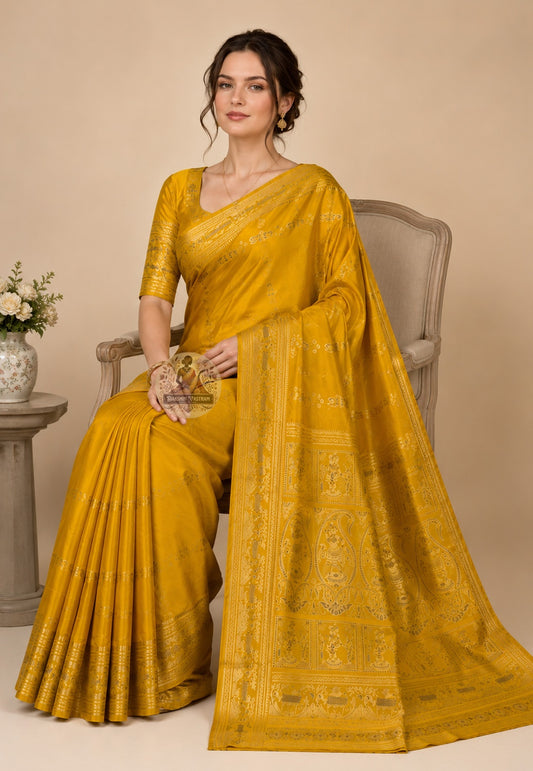 Front view of Swarnachari silk saree with golden zari motifs draped in classic Nivi style