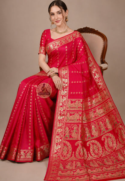 Front view of woman in Swarnachari pure silk saree, traditional Bengali drape with golden zari pallu poised with Bengal's stories waiting for their occasion over left shoulder