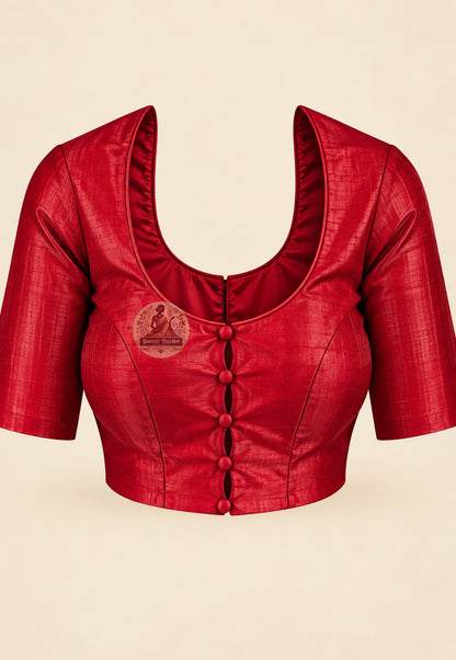 Blouse paired with red Bishnupur silk saree in a matching red shade