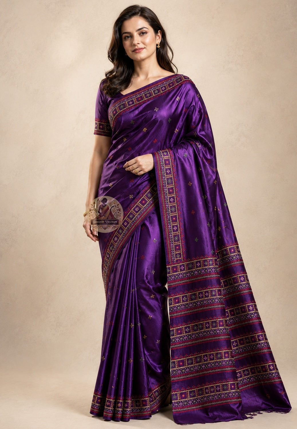 Front view of ivory Bishnupur Kantha Silk Saree with hand-stitched lotus peacock field and running vine border kantha stitch Bishnupur Bengal